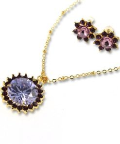 💎 Pendant Chain Necklace & Earrings Set, Delicate Star Burst Style, Amethyst Swarovski Crystal Elements, 14K Gold, Timeless Gift Idea Janeojewels