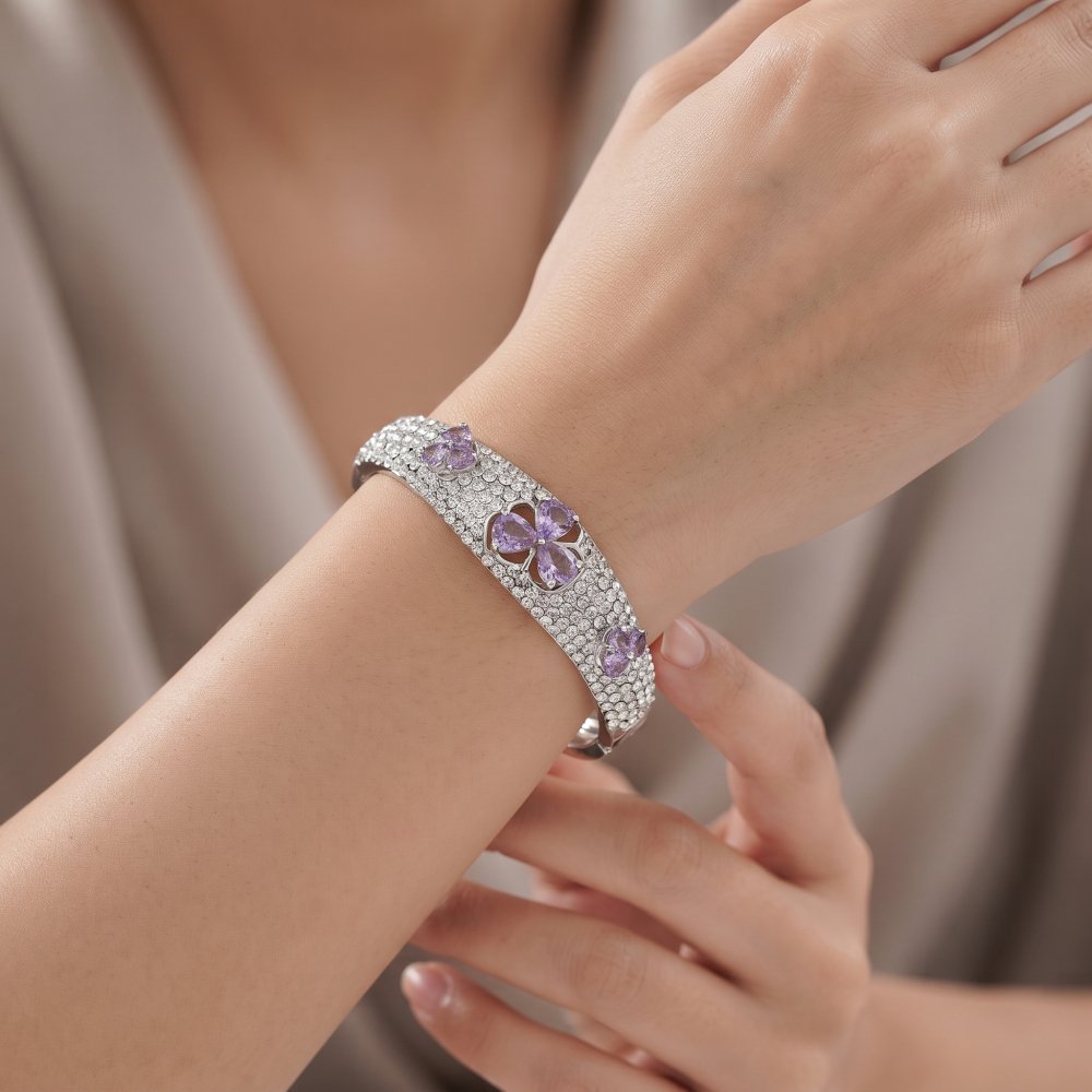 💎 Crystal Cuff Bangle Jewellery,Swarovski Crystal Element 3 Leaf Clover Heart,14K Gold Plated Bracelet.Gift Idea for Her Christmas Anniversary - Image 7