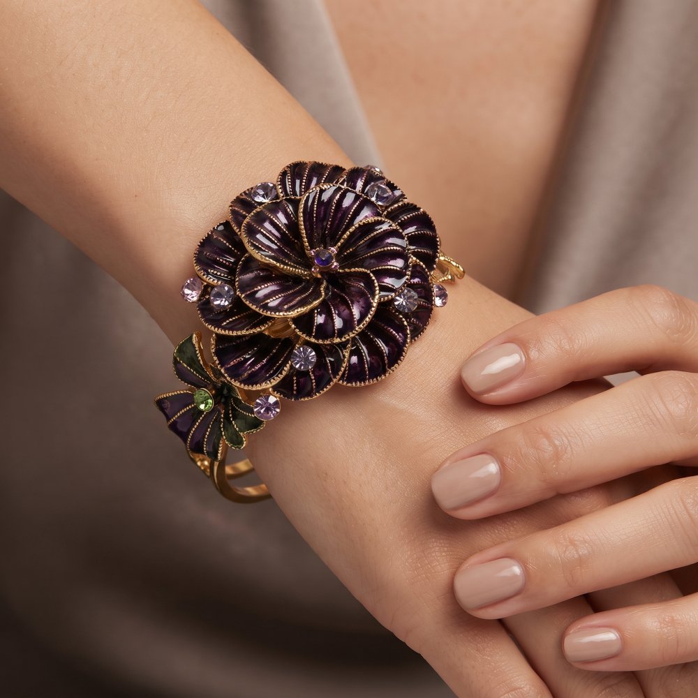 💎Vintage Cuff Bangle Bracelet in 14K Gold Plating.Swarovski Crystals Elements set on Enamel Swirl Flower.Christmas Gift Idea for Her,Stunning - Image 1