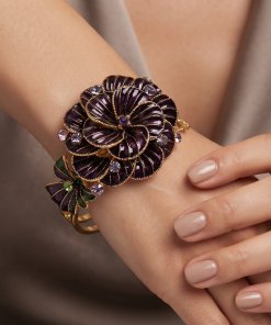 💎Vintage Cuff Bangle Bracelet in 14K Gold Plating.Swarovski Crystals Elements set on Enamel Swirl Flower.Christmas Gift Idea for Her,Stunning