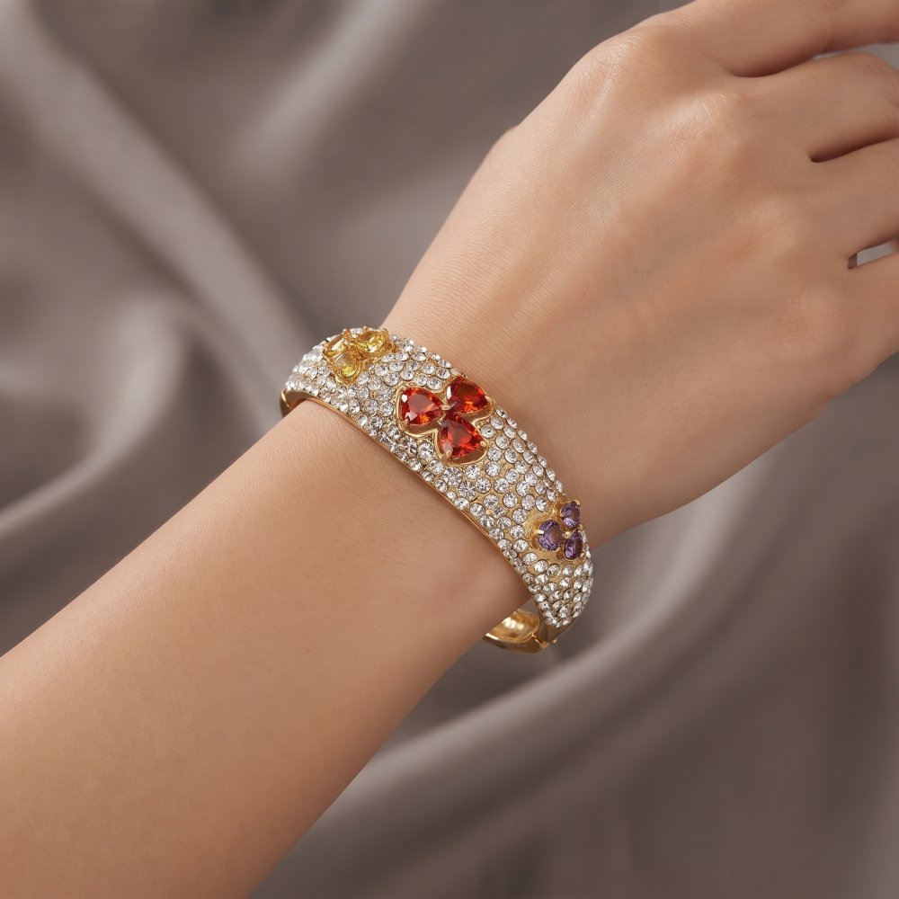 💎 Crystal Cuff Bangle Jewellery,Swarovski Crystal Element 3 Leaf Clover Heart,14K Gold Plated Bracelet.Gift Idea for Her Christmas Anniversary - Image 1