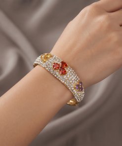 💎 Crystal Cuff Bangle Jewellery,Swarovski Crystal Element 3 Leaf Clover Heart,14K Gold Plated Bracelet.Gift Idea for Her Christmas Anniversary