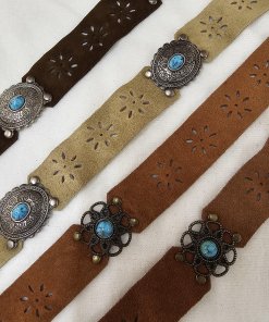 Real Suede Tie Belts with Metal Plates Jade Stones Embellishment ,4 Pcs JOB LOT Fashion Theatre Costume,Navajo Indian Style Thonging Ties